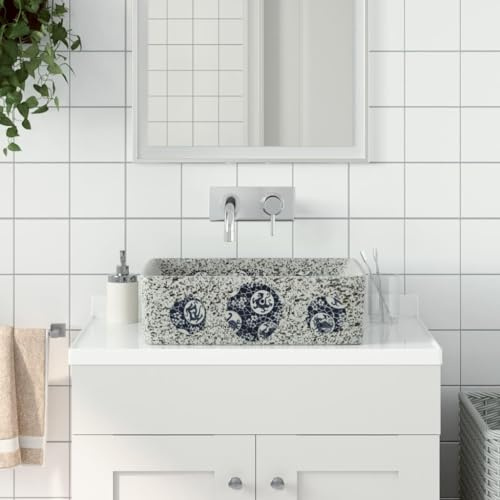 QJBSAVVA Lavabo da appoggio rettangolare, 46 x 35,5 x 13 cm, in ceramica, realizzato a mano, con motivo vintage, durevole e facile da pulire, per bagno, lavanderia e stanza del trucco