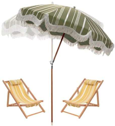 Parasol de plage de 2 m avec frange, protection UV, poteau en bois, léger, sac de transport, parapluie d'extérieur élégant pour terrasse et jardin (vert)