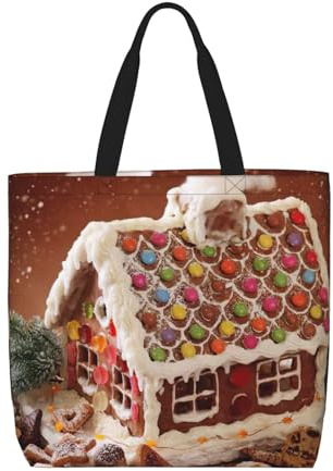 Uusnwaa Sac fourre-tout de Noël avec impression maison de village en pain d'épice pour femme, sac à bandoulière, sac d'épicerie réutilisable, fermeture éclair sur le dessus, essentiels quotidiens