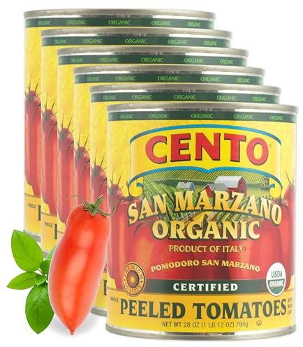 Cento Organic Certified San Marzano Whole Peeled Tomatoes 28 Oz (Pack of 6), Canned Plum Tomatoes in Thick Puree with Basil, Grown and Processed in Italy