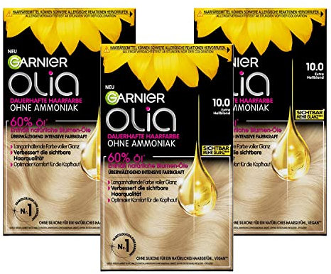 Garnier Olia Dauerhafte Haarfarbe ohne Ammoniak, Mit pflegenden und natürlichen Ölen, Vollständige Grauhaarabdeckung, Permanente Coloration, Nr. 10.0 helles Blond, 3 x 1 Stück
