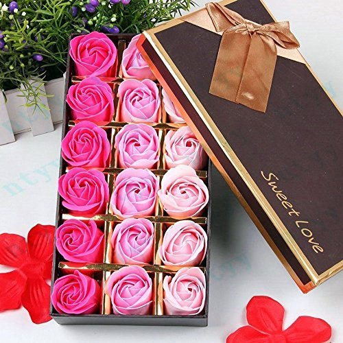 GEARMAX 18pcs Aroma de Rosa Baño Jabón Rose Flor en Caja de Regalo Color del Gradiente Fascinante Ramo de Rosas(Rosa Roja)