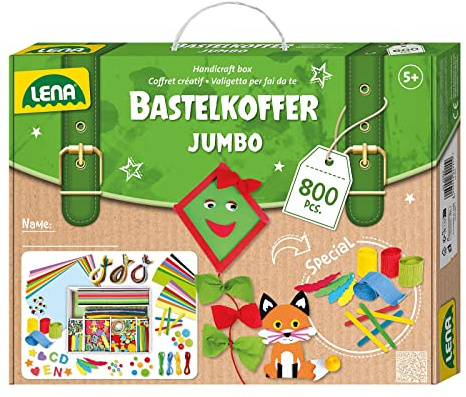 Lena Jumbo Bastelkoffer mit 800 Teilen, Bastelset bestehend aus Papier, Moosgummi, Pfeifenreiniger, Strasssteine, Wackelaugen, Pompons und Knöpfe, in bunten Farben, geeignet für Kinder ab 5 Jahren
