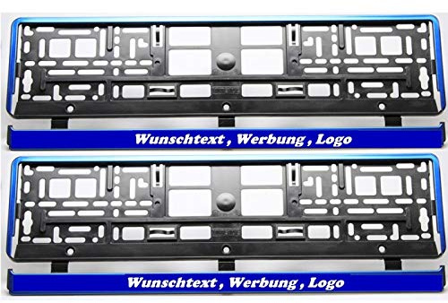 2 Stück Kennzeichenhalter BLAU HP mit WUNSCHTEXT Beschriftung Werbung BEDRUCKT