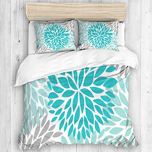 DAHALLAR Parure de lit,Dahlia Pinnata Fleur Turquoise Bleu et Gris,1 Housse de Couette 220x240 + 2 Taies d'Oreillers