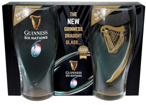 Six Nations Guinness Logo Juego de 2 vasos de pinta con arpa dorada en relieve