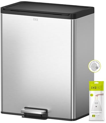 EKO Essential 40L Rectangular Kitchen Step Bin, 2 × 20L Recycling Compartments with Soft-Close Lid, Stainless Steel Pedal and Fingerprint-Resistant Finish for Waste & Recycling