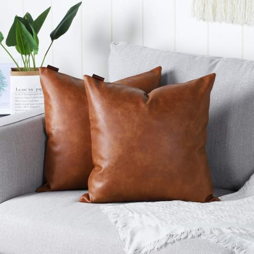 Mandioo 2er Set aus Kunstleder Kissenbezug Dekorativen Quadratisch Überwurf Kissenbezüge Kissen für Sofa Schlafzimmer 16x16, 40 x 40 cm,Braun