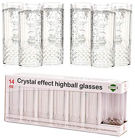 ADEPTNA Durable 6PK Clear Crystal Effect Long Drink Glasses - Plastic Highball Whiskey Wine Champagne Flute Glasses Tumblers Drinks Cups Reusable