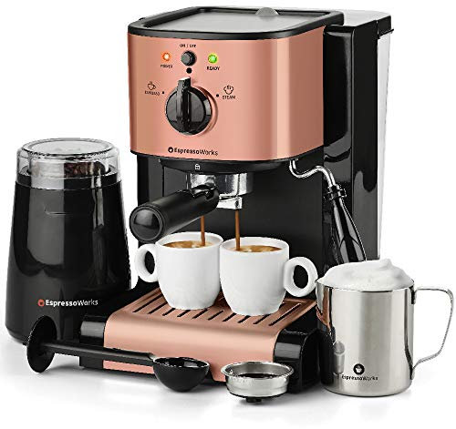 7 Pc All-in-One Espresso & Cappuccino Maker Machine Barista Bundle Set w/Built-in Steam Wand (Inc: Coffee Bean Grinder, Portafilter, Frothing Cup, Spoon w/Tamper & 2 Cups) (Rose Gold)