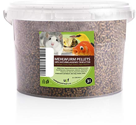 UGF - Pellet di vermi della farina Premium - 2100 g in un secchio da 3 litri, snack di insetti per uccelli, criceti, ricci, roditori, lucertole, tartarughe - cibo universale