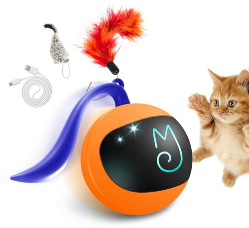 Migipaws Set di giocattoli interattivi per gatti, inseguitore di divertimento, palla da inseguimento automatica con coda soffice, un piccolo topo, ricaricabile