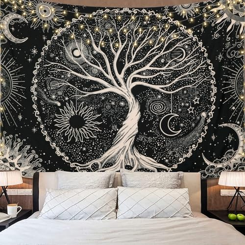 Dremisland Tree of Life Tapestry Trippy Mandala Wall Tapestry Sun and Moon Tapestries Black Galaxy Stars Bohemian Aesthetic Wall Hanging Bedroom Home Decor (XL/175X230cm(69X91), Black)