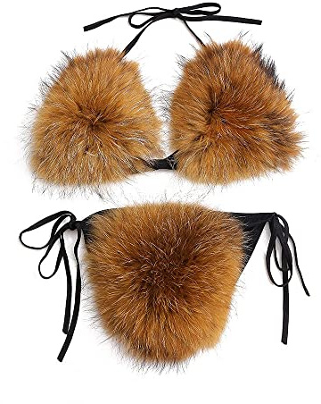 ZOSCGJMY Damen-Bikini-Set, Kunstfell, Neckholder, Triangel-Bikini-Set, zweiteiliger Badeanzug