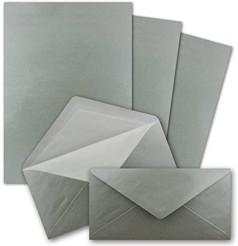 100x Briefpapier-Sets DIN A4 und DL gefütterten Briefumschlägen mit weißem Seidenfutter, Nassklebung - Silber - mattes Schreibpapier