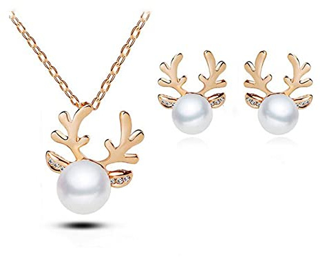 FDEETY Damen Schmuck Sets 925 Sterling Silber Weihnachten Tropfen Perlen Elch Halskette Ohrringe für Valentinstag Hochzeitsgeschenk
