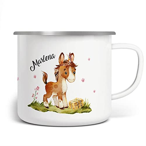 miKalino Emaille Tasse Süßes Pony personalisierte Kindertasse mit Wunschnamen bedruckt Emaille Becher Emailletasse | handbedrucktes Geschenk, Farbe:weisssilber, Grösse:300ml