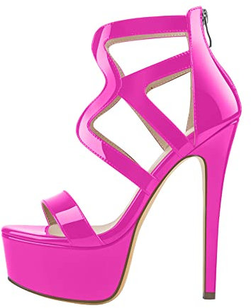 Only maker Damen Sandaletten Plateau High Heels Riemchen Sommerschuhe Metallic Lack Viva Magenta 45 EU