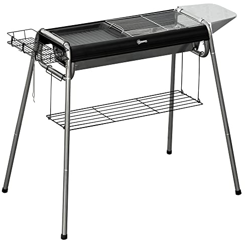 Outsunny Barbacoa de Carbón Barbacoa Portátil con Parrilla de Acero Inoxidable Bandeja Especiero y Estante de Almacenamiento para Jardín Camping 107x63x75 cm Negro