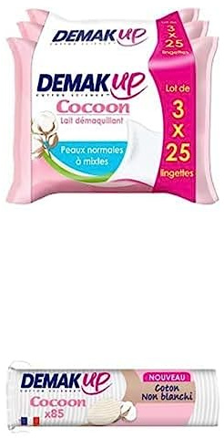 Lot Demak'Up Cocoon - Lingettes à démaquiller - Peaux Normales ou Mixtes - 75 Lingettes démaquillantes + Demak'Up Cocoon Disques Cotons à Démaquiller - 100% Fibres de Coton Naturelles - 85 Cotons