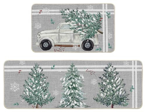 Artoid Mode Streifen Kiefer LKW Weihnachten Küchenteppich 2er Set, Waschbar Dekoration Küchenmatten für Innen Außen Dekor - 43x73 and 43x118 cm