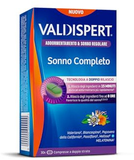 Valdispert Sonno Completo, 30 Compresse per l'Addormentamento e il Sonno Regolare con Melatonina, Valeriana, Passiflora, Biancospino e Papavero della California, Senza Glutine e Senza Lattosio