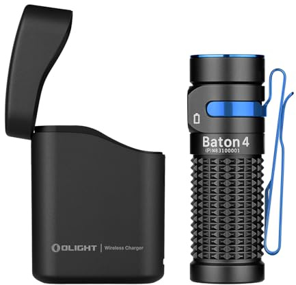 OLIGHT Baton4 Kit 1.300 Lumen LED Magnetische Aufladung Wiederaufladbare Taschenlampe mit Typ-C-Ladekoffer und Smart-Indikator EDC-Taschenlampe für Außen, Drinnen und Suchen (Schwarz)