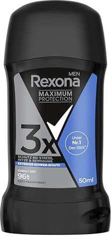Rexona Men Maximum Protection Desodorante en barra cobalt seco antitranspirante con 96 horas de protección contra el sudor y el olor corporal, 50 ml
