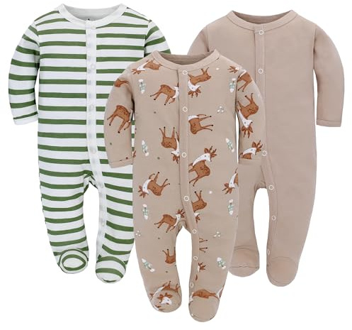 3 st baby sovsparkdräkter baby chlababysovsäck bomull med fötter med knappar stl. 56 62 68 för pojkar, flickor, nyfödd, rådjur, 68