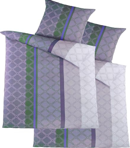 KH-Haushaltshandel 4-Piece Seersucker Bedding Bed Linen 2x 135 x 200 cm + 80 x 80 cm Grey Green Purple Blue Patterned Stripes Non-Iron (W415511-)