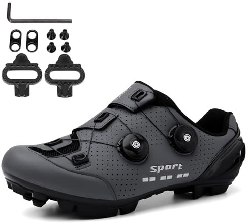 NGARY Herren MTB Schuhe Damen, Fahrradschuhe Mountainbike Schuhe kompatibel mit SPD 2 Schrauben mit Cleats, Rennrad Schuhe Entsperren Schuhe Unisex,Grau,43 EU