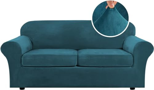 LINGKY Velvet Sofa Cover 2 Seater With 2 Separate Sofa Seat Cushion Covers, Stretch Couch Cover Non-Slip Sofa Slipcovers for Living Room Furniture Protector (Deep Teal,Large 2 Seater)