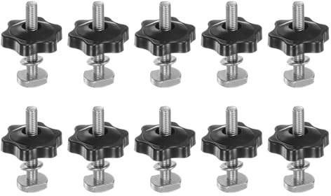 QUARKZMAN 10er Set T-Spur Bolzen Knopf Kit M6 x 40mm Gewindebolzen M6 x 32mm Sechskant-Handmutter Klemmknopf mit Unterlegscheibe für Holzbearbeitungslehren und Vorrichtungen, Schwarz