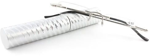 ABETOS Lesebrille Randlos Schmal Metall Lesehilfe mit Etui Herren Damen Federscharnier Modern Silber Ultraleichte Rahmenlose Mini Brille mit Stärke