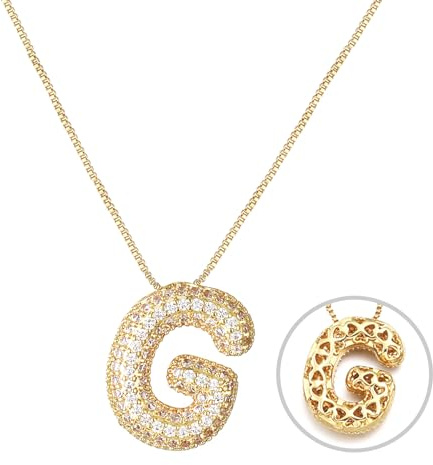 RWQIAN Bling Zircon Burbujas Letra Inicial Collar Mujer Globo Alfabeto Cadena Dorado Letra Inicial Primer Nombre G Colgante Regalo Collar 45+5cm