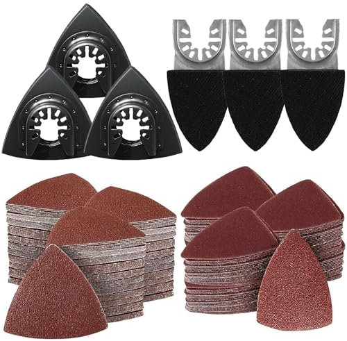 156 discos abrasivos de uso múltiple, compatibles con las lijadoras Delta, DeWalt, Dremel, Milwaukee y muchas otras marcas. También incluyen 150 hojas de papel abrasivo con grano 60/80/100/120/240