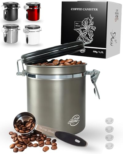 Pro@Home43® - Kaffeedose luftdicht 500g - Gun Metal - Kaffeebohnen Vorratsbehälter 1,5L aus Edelstahl mit Kalenderfunktion, inkl. Dosierlöffel und 4x C02 Ersatzventilen, stilvolle Verpackung