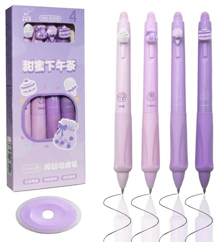 4 Stück Radierbarer Kugelschreiber, 0.5mm Radierbare Stifte, Einziehbare Tintenroller Radierbar mit Radiergummis, Cartoon Gelstifte Radierbar für Geschenk Schul Bürobedarf (Schwarz) (Schwarz)
