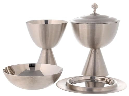 Holyart Cáliz copón Patena latón Plateado Satinado Moderno, CálizAltura: 20 cm|Altura: 15 cm|Diámetro: 16 cm|Diámetro Patena: 19 cm