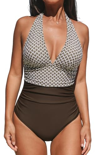 CUPSHE Halter baddräkt för kvinnor som håller dig åtföljd badkläder, Mörkbrun/Gingham, XL
