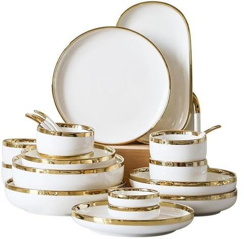 Vajillas Completas Juego de vajilla de porcelana blanca brillante dorada, juego de platos y cuencos de cerámica, vajilla for el hogar y el hotel Para cocina Comedor(Bright B1 people set)