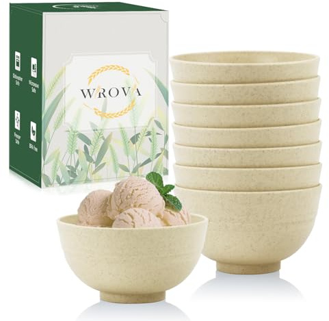 Wrova Dessert Bowls 10 oz - 5 Inch Plastic Bowl Set of 8, Unbreakable Snack Bowl - Lightweight Bowls for Kitchen - Microwave & Dishwasher Safe - Beige