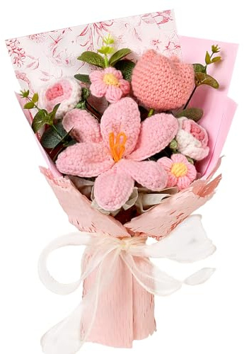 Wishwell Pop Blumenstrauß Gehäkelt, Tulpen Rosen und Gänseblümchen, Rosa | Handgemachte Häkelblumen Geschenk für Mama, Freundin und Familie zu Muttertag, Geburtstag, Hochzeit und als Dekoration
