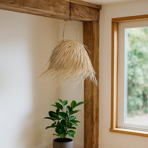 Lampadario in foglia di palma intrecciata Ø34xH30 cm – Paralume naturale fatto a mano stile boho chic etnico – Artigianale in fibra vegetale per interni ed esterni Illuminazione decorativa 0906251601