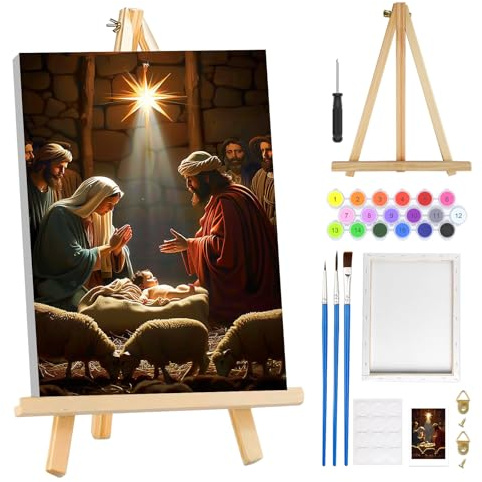 MOGTAA Belén Pintar por Numeros Adultos con Marco, Jesús Paint by Numbers Kits con Caballete de Madera, DIY Cuadros para Pintar por Números Navidad, Decoración para el Hogar 20x30cm