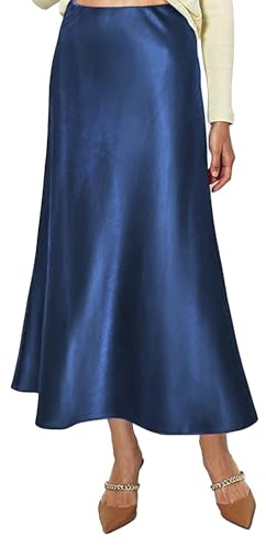 Vossmi Jupe en Soie Femme Longue Jupe Satinée Élégant Taille Haute A-Ligne Jupes avec Fermeture Éclair Décontractée Skirt Plissée en Satin Automne Bleu Marine,L