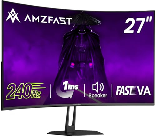 Amzfast 27 inch 240Hz Curved Monitor, FHD 1080p Gaming Monitor, Built-in Speakers, FreeSync, MPRT 1ms, 130% sRGB, 4000:1, 1500R, VESA Mount, HDMI 2.0&DP 1.4, 12 Months Warranty Exchange