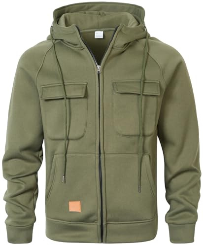 MEDUOLA Felpa con Cappuccio da Uomo Felpa con Zip Tasca Multifunzionale Giacca Cardigan Hoodie da Jogging XL,Verde Militare