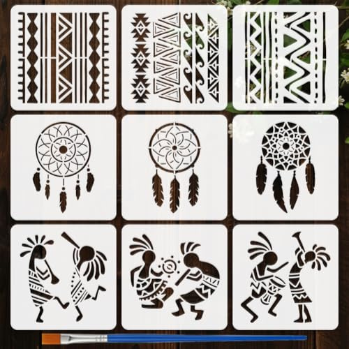 FINGERINSPIRE 9 plantillas de pintura con patrones tribales y pinceles, 15 x 15 cm, atrapasueños, plantillas de dibujo, geometría, dibujos animados, plantillas con diseño tribal para decoración de