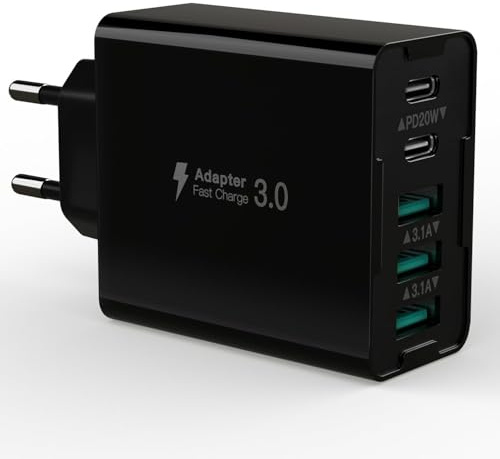 USB C-laddare 50 W med flera portar, 5-portars kontakt USBC och USBA, USB-strömförsörjning väggladdare, snabb laddning PD20 W strömadapter kompatibel med iPhone 11/12/13/14/15/16/Galaxy S21/S22/S23